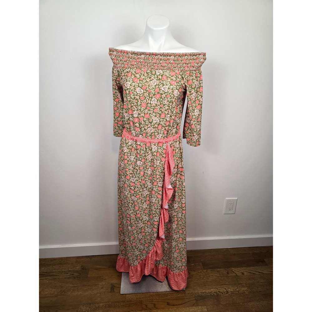 Cabana Life Off Shoulder Floral Smocked Maxi Dress Pink Green Wrap Ruffle‎ M